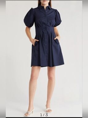 Eliza J Poplin Dark Navy Puff Sleeve Cotton Shirtdress Pockets Sz 16 Plus